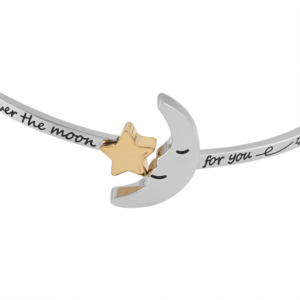 STAINLESS STEEL MOON AND 14K PLATED STAR HALLMARK BANGLE BRACELET - Picture 3 of 4